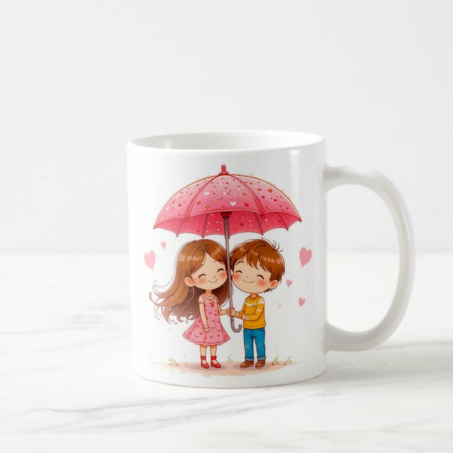 Caneca De Café Crianças Fofas Compartilhando um Guarda-chuva (Direita)