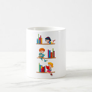 Caneca De Café Crianças Lendo Livros na Prateleira