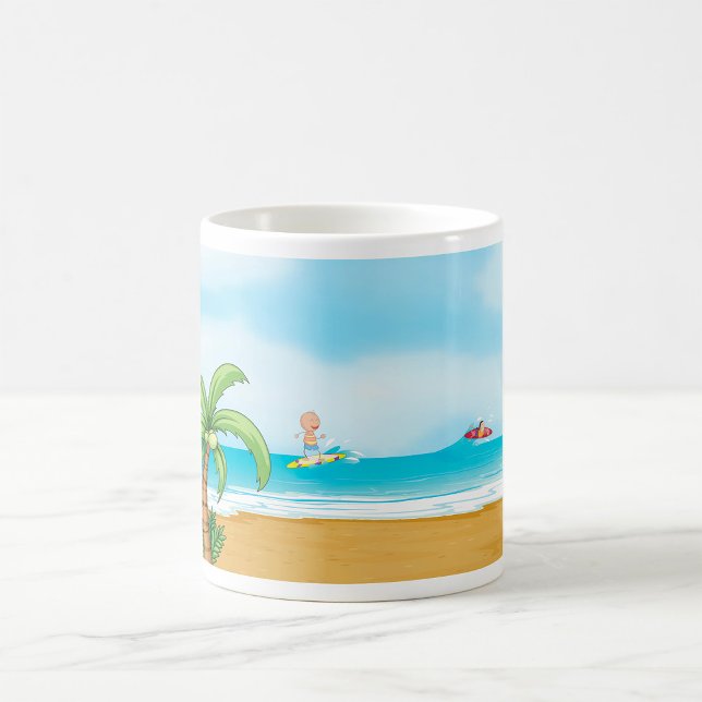 Caneca De Café Crianças surfando no Oceano de Verão Tropical Beac (Criador carregado)