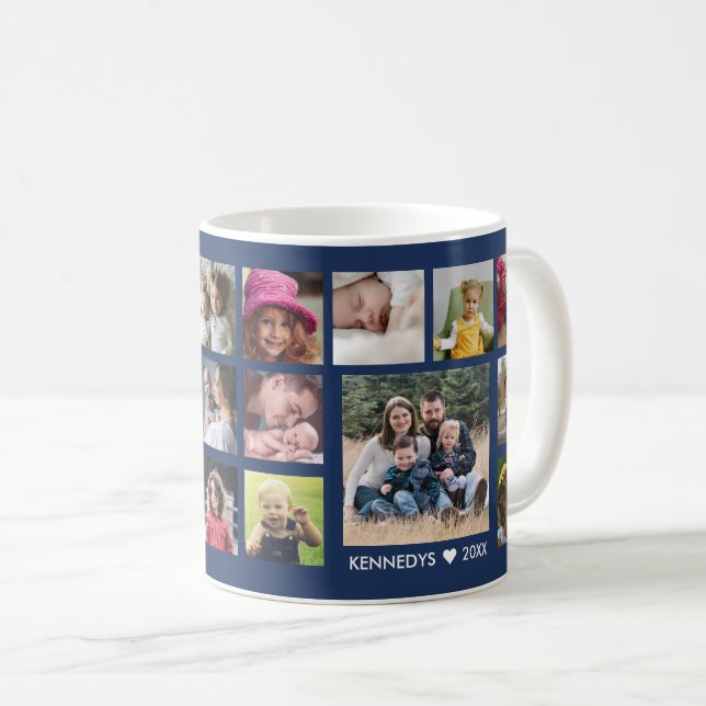Caneca De Café Crie a sua família de 18 fotos azul de colagem (Frente Esquerda)