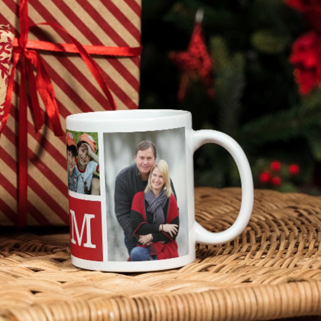 Caneca De Café Crie A Sua Própria Colagem De Fotos, Monograma Ver (Create Your Own 5 Photo Collage Red Monogrammed Coffee Mug - Family photo gifts for Christmas)