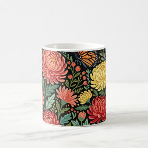 Caneca de Café Crisântemos Borboleta Arte Abstrata