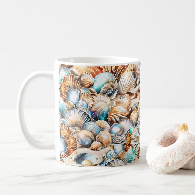 Caneca De Café Crise marinha iridescente de colagem de Seashell (Com Donut)