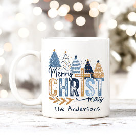 Caneca De Café Cristo de Árvores Modernas Azul Nome Feliz de Nata