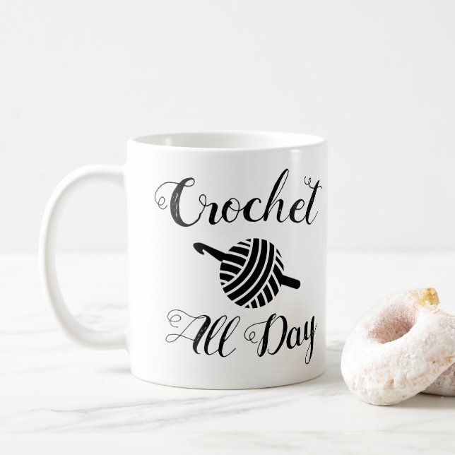 Caneca De Café Crochet All Day ・ Yarn Ball & Hook Artesanato (Com Donut)