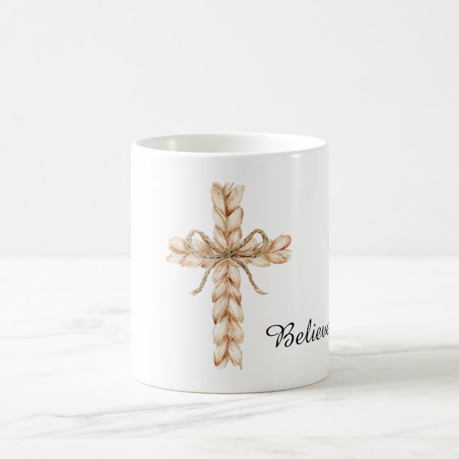 Caneca De Café Cruz de Creme Rústico com Laço Acredite (Centro)