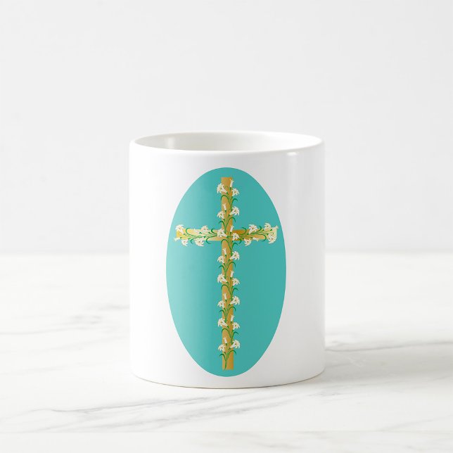 Caneca De Café Cruz de Páscoa em Ouro Elegante com Lírios Brancos (Criador carregado)