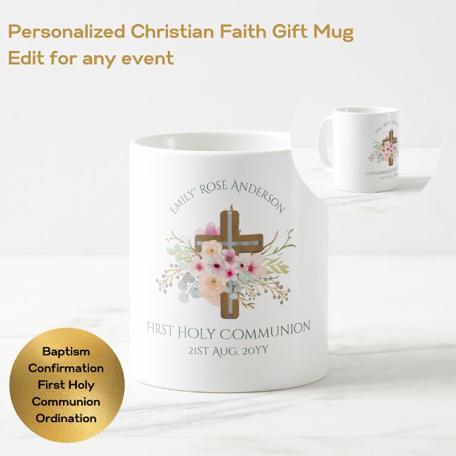 Caneca De Café Cruz Floral Personalizada da Santa Comunhão (Criador carregado)