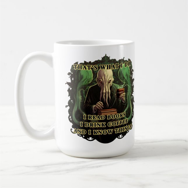 Caneca De Café Cthulhu Eu leio livros Eu bebo café Eu sei coisas (Esquerda)