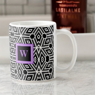 Caneca De Café Cubismo branco de Cinza preta com monograma roxo