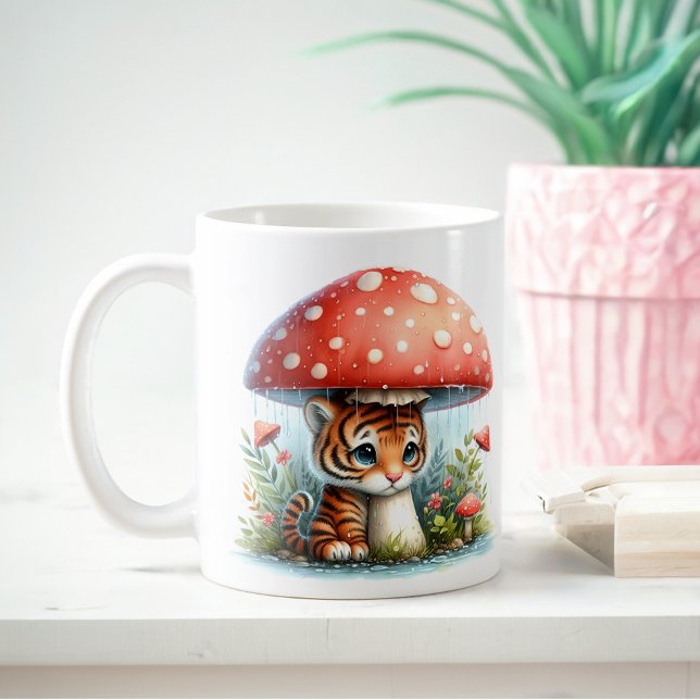 Caneca De Café Cubo Adorável De Tigre De Bebê Sob Guarda-Chuva (Criador carregado)