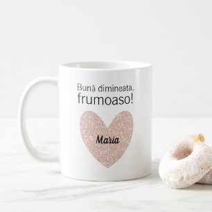 Caneca De Café Cumprimento romeno personalizado e coração Dourado