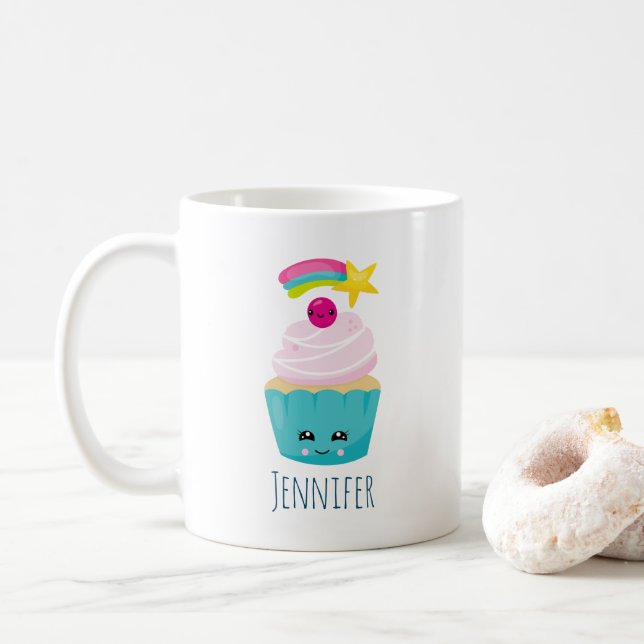 Caneca De Café Cupcake azul-bonito com a face Kawaii (Com Donut)