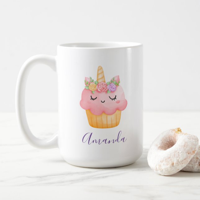 Caneca De Café Cupcake rosa-claro Unicórnio com Rosas (Com Donut)