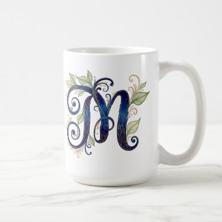 Caneca De Café Cursive M – Elegant Blue & Gold Monogram