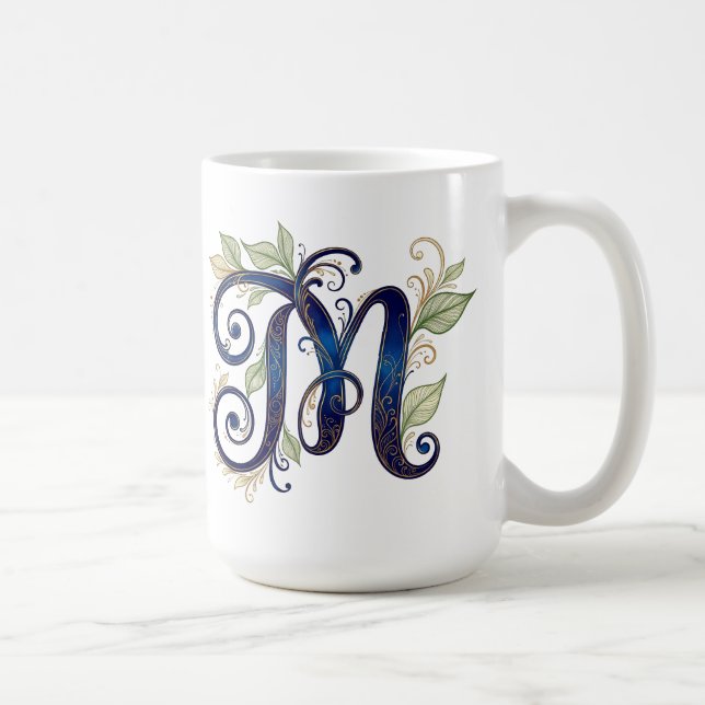 Caneca De Café Cursive M – Elegant Blue & Gold Monogram (Direita)