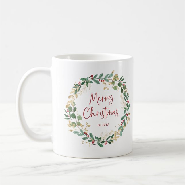 Caneca De Café Curto e Script Modernos | Red Merry Christmas (Esquerda)