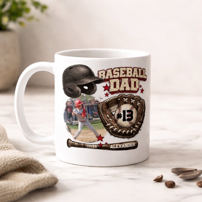 Caneca De Café Custom Baseball Dad Photo Name (Criador carregado)