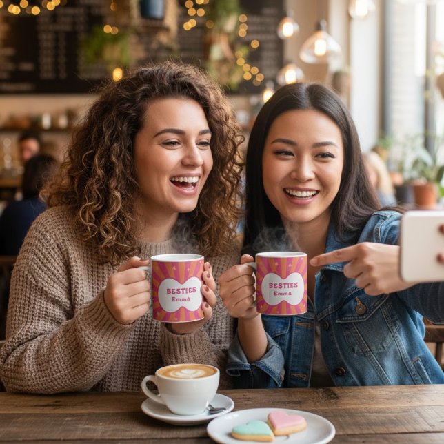 Caneca De Café Custom "Besties" Sunburst Personalized Pillow – Em (Criador carregado)