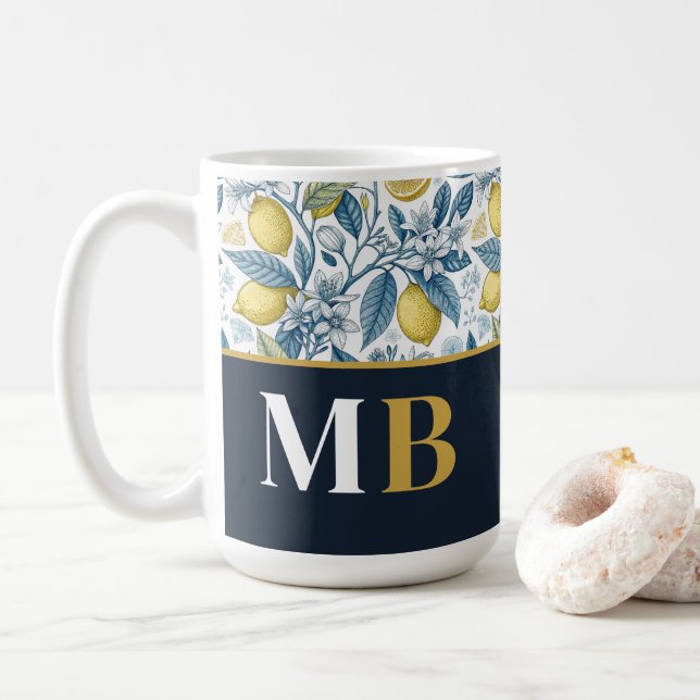 Caneca De Café Custom Elegant Mediterranean Lemon Botanical Navy (Com Donut)