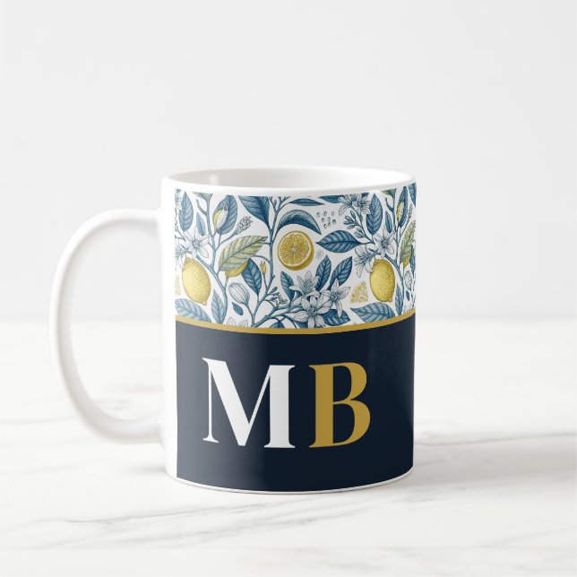 Caneca De Café Custom Elegant Mediterranean Lemon Botanical Navy (Esquerda)