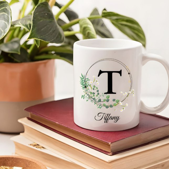 Caneca De Café Custom Initial & Name Personalized Monogram Floral (Criador carregado)