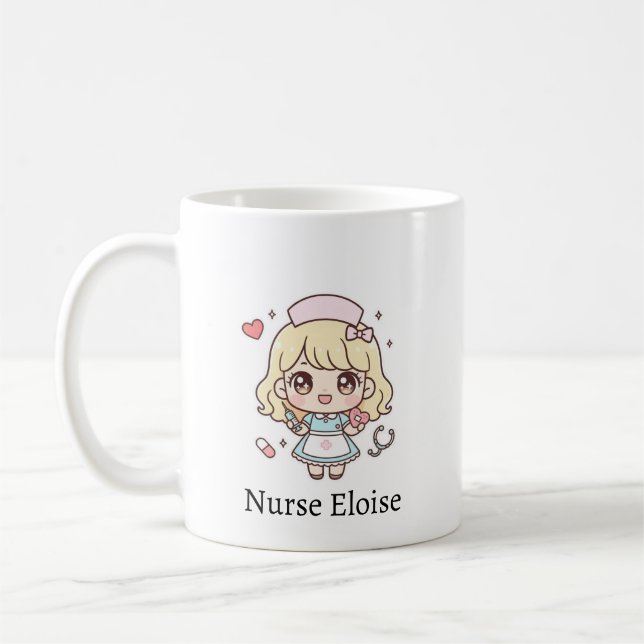 Caneca De Café Custom Kawaii Nurse Mug – Personalized Cute Chibi  (Esquerda)
