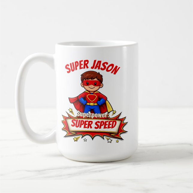 Caneca De Café Custom Kids Superhero Name & Superpower (Esquerda)