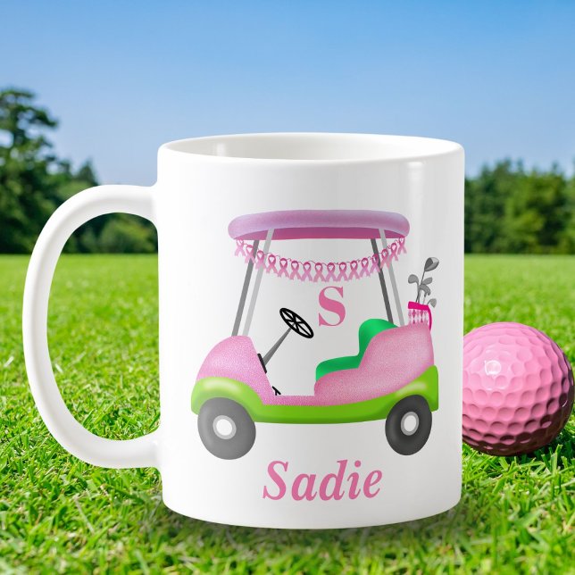 Caneca De Café Custom Lady Golf Cart Breast Cancer Monogram (Criador carregado)