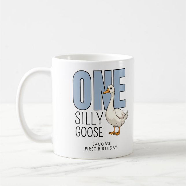 Caneca De Café Custom Modern Blue One Silly Goose First Birthday (Esquerda)