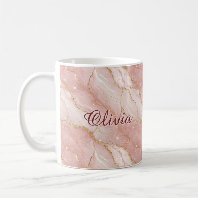 Caneca De Café Custom Modern Rose Quartz Marble Gold Glitter (Esquerda)