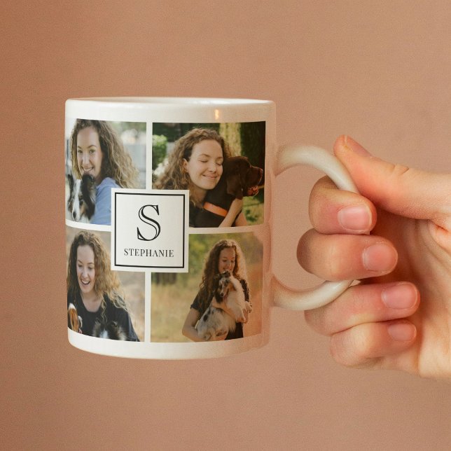 Caneca De Café Custom Monogram & Name 4 Photo Collage Grid  (Criador carregado)