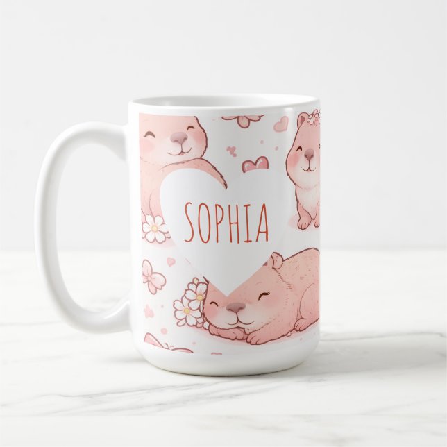 Caneca De Café Custom Name Cute Pastel Capybara Bow Girls (Esquerda)