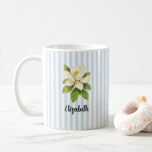 Caneca De Café Custom Name Magnolia Painting Nautical Stripe  (Com Donut)
