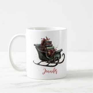 Caneca De Café Custom Vintage Christmas Sleigh with Books