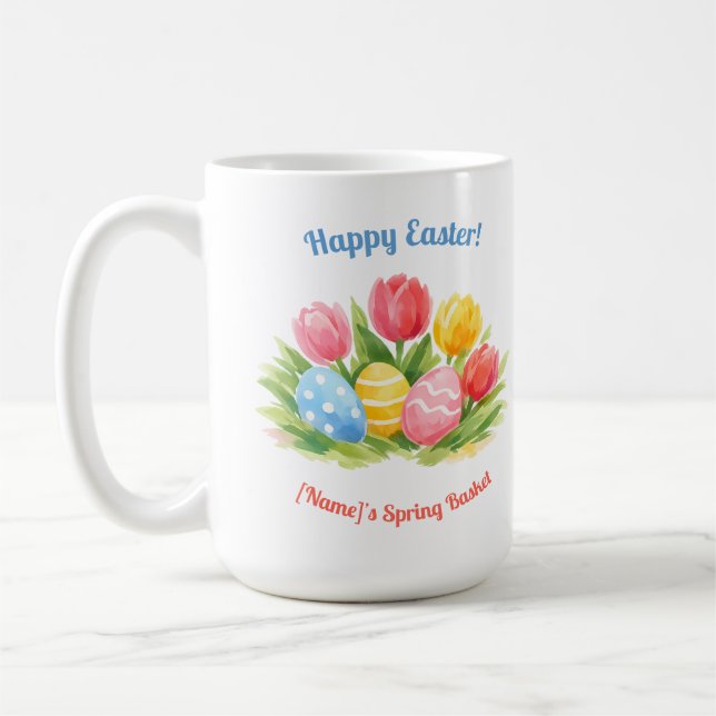 Caneca De Café Customizable Whimsical Easter Tulips & Eggs Design (Esquerda)