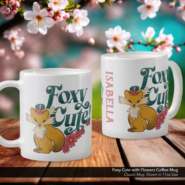Caneca De Café Cuta Foxy com Flores ("Foxy Cute" Personalized Coffee Mug with Whimsical Hand Drawn Fox Artwork.)