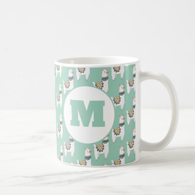 Caneca De Café Cute Alpaca Llama Monograma Verde (Direita)