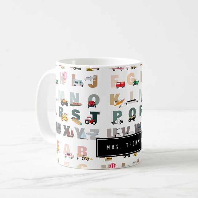 Caneca De Café Cute Alphabet ABC Trucks, Veículos Oferecidos Pelo (Frente Esquerda)