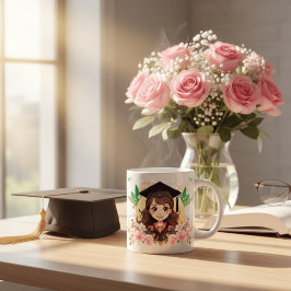 Caneca De Café Cute Anime Graduation Girl Floral Watercolor Coffe