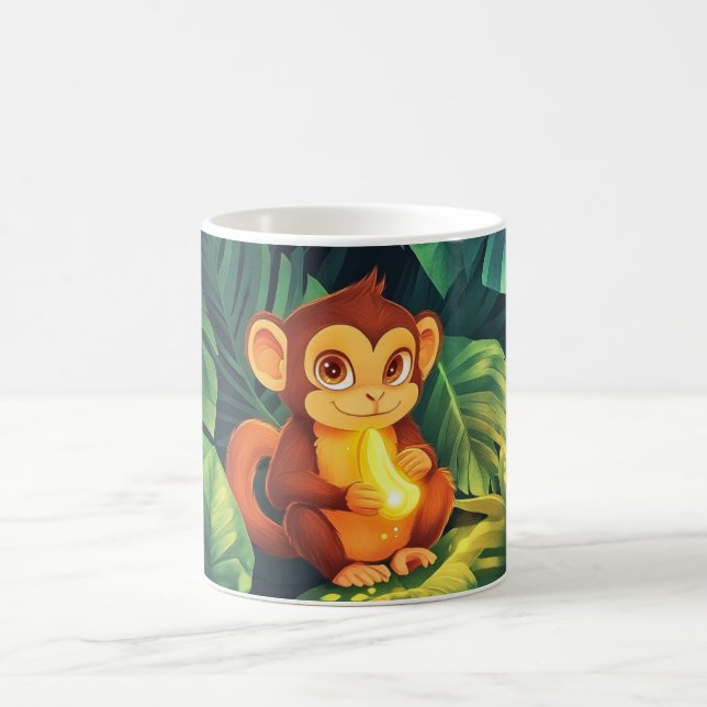 Caneca De Café cute baby monkey in the jungle holding a shiny ban (Centro)