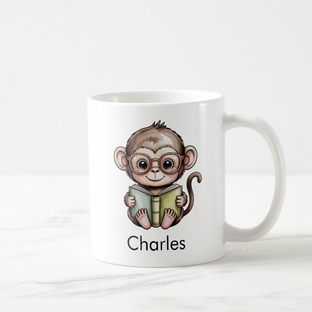 Caneca De Café Cute Baby Monkey Reading a Book (Direita)