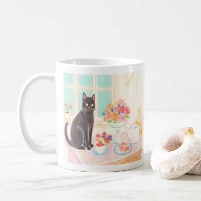 Caneca De Café Cute Black Cat at Tea Party Mug (Com Donut)