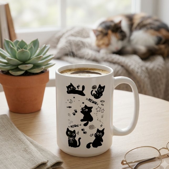 Caneca De Café Cute Black Cats Doodles Pattern Kawaii Meow (Criador carregado)