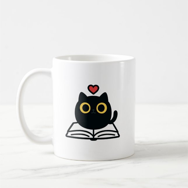Caneca De Café Cute Black Kawaii Cat Reading Book Cartoon (Esquerda)