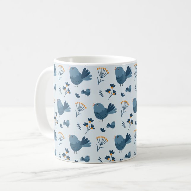 Caneca De Café Cute Blue Bird and Berries illustrated Pattern (Frente Esquerda)