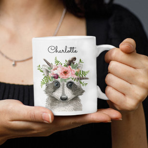 Caneca De Café Cute Boho Raccoon com Flor e Penas Coroa