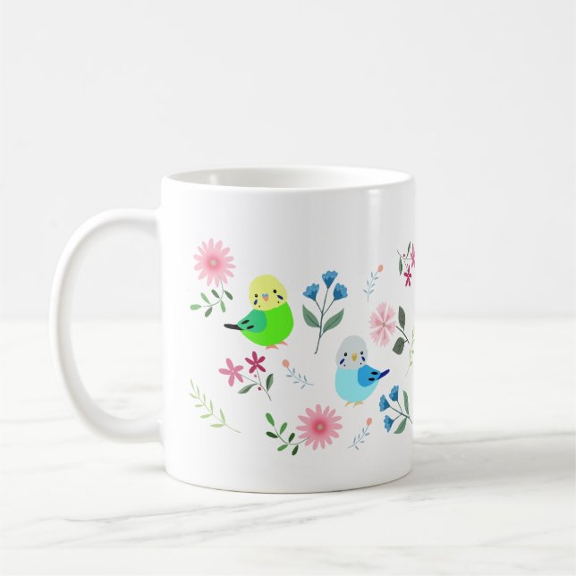 Caneca De Café Cute Budget Parakeet com Flores Pássaros Bonito (Esquerda)