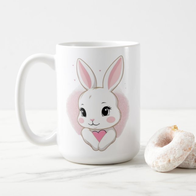 Caneca De Café Cute Bunny Holding Heart | Romantic Design (Com Donut)