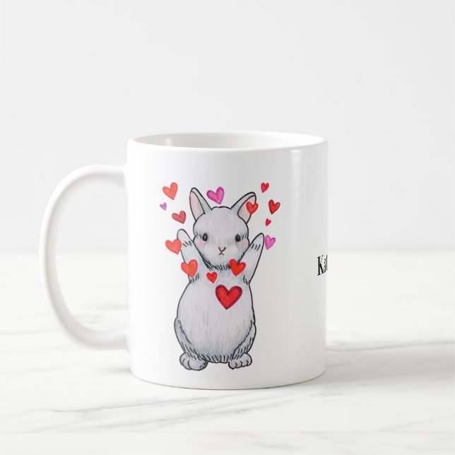 Caneca De Café Cute Bunny Rabbit Hug com coração Nome personaliza (Esquerda)
